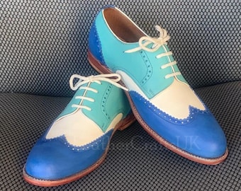 Handmade Men's Genuine Tri Tone Blue & White Leather Wingtip Oxford Shoes Handcrafted Lace Up Formal Leather Shoes Men's Shoes Man Shoes