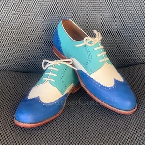 Handmade Men&#39;s Genuine Tri Tone Blue & White Leather Wingtip Oxford Shoes Handcrafted Lace Up Formal Leather Shoes Men&#39;s Shoes Man Shoes