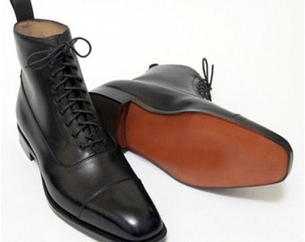 hecho a mano hombres negro cuero larga marcha botas hechas a mano cuero negro largo tobillo botas altas hombres largo tobillo alto botas de cuero negro alto