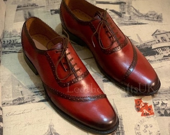 Handmade Men's Genuine Burgundy Patina Leather Formal Oxford Shoes Handcrafted Brogue Lace Up Real Leather Shoes For Man Men's Leather Shoes