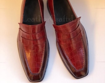 Hecho a mano para hombres Genuino Borgoña Alligator Textura Mocasines de cuero para hombres Cuero de lujo para hombres Formal Slip on Moccasin Moccasin Moafers Zapatos de cuero para hombres