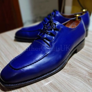 Handmade Men&#39;s Genuine Blue Leather Dress Shoes Handcrafted Stylish Lace Up Formal Real Leather Shoes For Man Men&#39;s Leather Shoes