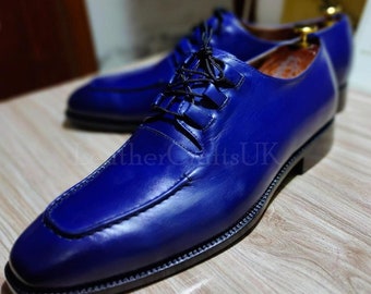 Handmade Men's Genuine Blue Leather Dress Shoes Handcrafted Stylish Lace Up Formal Real Leather Shoes For Man Men's Leather Shoes