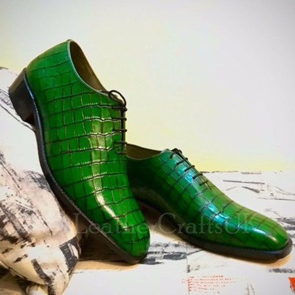 Handmade Men's Genuine Green Alligator Texture Leather Shoes Handcrafted Whole Cut New Formal Leather Shoes For Man Men's Leather Shoes