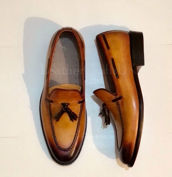 Handmade Men's Genuine Tan Patina Leather Tassel Loafers Handcrafted Slip On Real Leather Formal Loafers For Man Men's Leather Loafers
