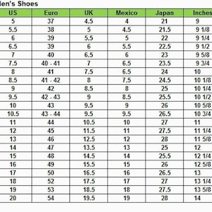 K&ouml;nnte beinhalten: Eine Tabelle, die Herrenschuhgr&ouml;&szlig;en in US, Euro, UK, Mexiko, Japan und Zoll anzeigt. Die Tabelle zeigt die entsprechenden Gr&ouml;&szlig;en f&uuml;r jedes L&auml;ndersystem.