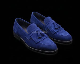 Handmade Navy Blue Suede Tassel Loafers, Men's Leather Slip-On Moccasins