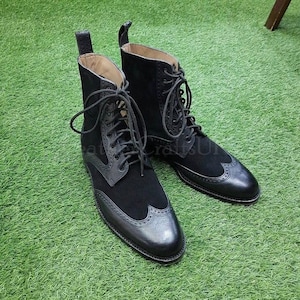 Handmade Men&#39;s Genuine Black Leather & Suede Wingtip Boots Handcrafted Brogue Ankle High Real Leather Boots Men&#39;s Boots Leather Boots