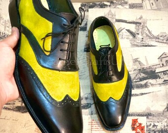 Handmade Men's Genuine Black Leather & Yellow Suede Wingtip Oxford Shoes Handcrafted Formal Real Leather Lace Up Shoes For Man Men's Shoes Handmade Men's Genuine Black Leather & Yellow Suede Wingtip Oxford Shoes Handcrafted Formal Real Leather Lace Up Shoes For Man Men's Shoes