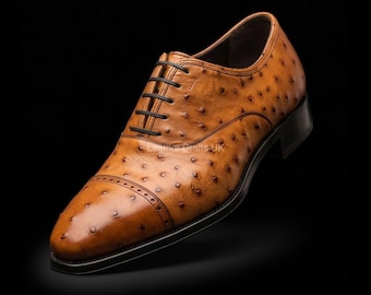 Handmade Men's Genuine Brown Ostrich Leather Oxford Shoes, Cap Toe Formal Leather Shoes For Man, Men's Dress Shoes, Bespoke Shoes