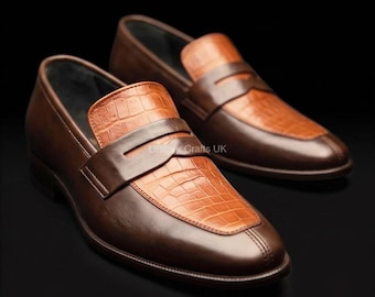 Handcrafted Two-Tone Leather Penny Loafers – Alligator Textured, Formal Slip-On Men's Shoes