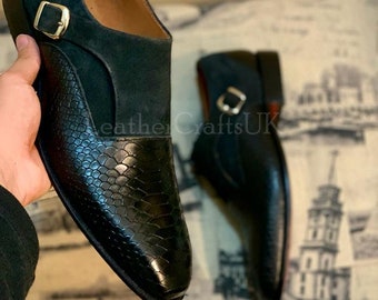 Handmade Black Python Textured Cowhide Leather Loafers for  display picture 2