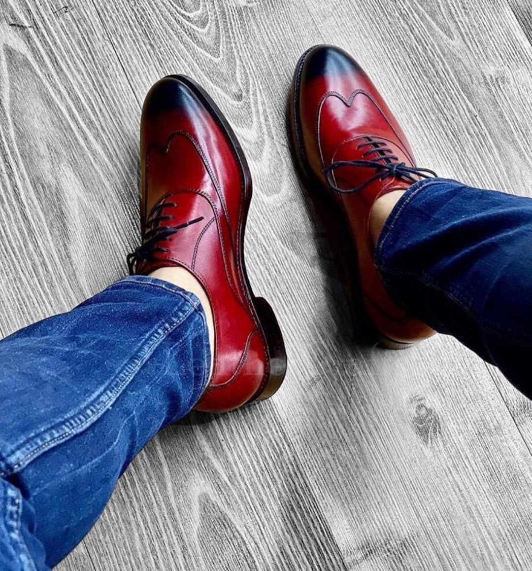 Handmade Men's Genuine Cherry Red Patina Leather Wingtip Oxford