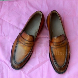 Mocassins masculinos de couro genuíno feito à mão, marrom, marrom, penny, vestido de luxo, mocassins formais de couro