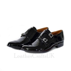 Handmade Men&#39;s Genuine Black Patent Leather Double Monk Shoes Handcrafted Buckle Up Real Leather Tuxedo Shoes For Man Men&#39;s Leather Shoes