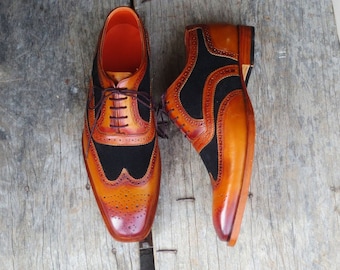 Handmade Men Leather Shoes, Dress Shoes, Wingtip Oxford Shoes, Formal Suede Leather Shoes For Men, Brown/Black Lace Up Men Shoes