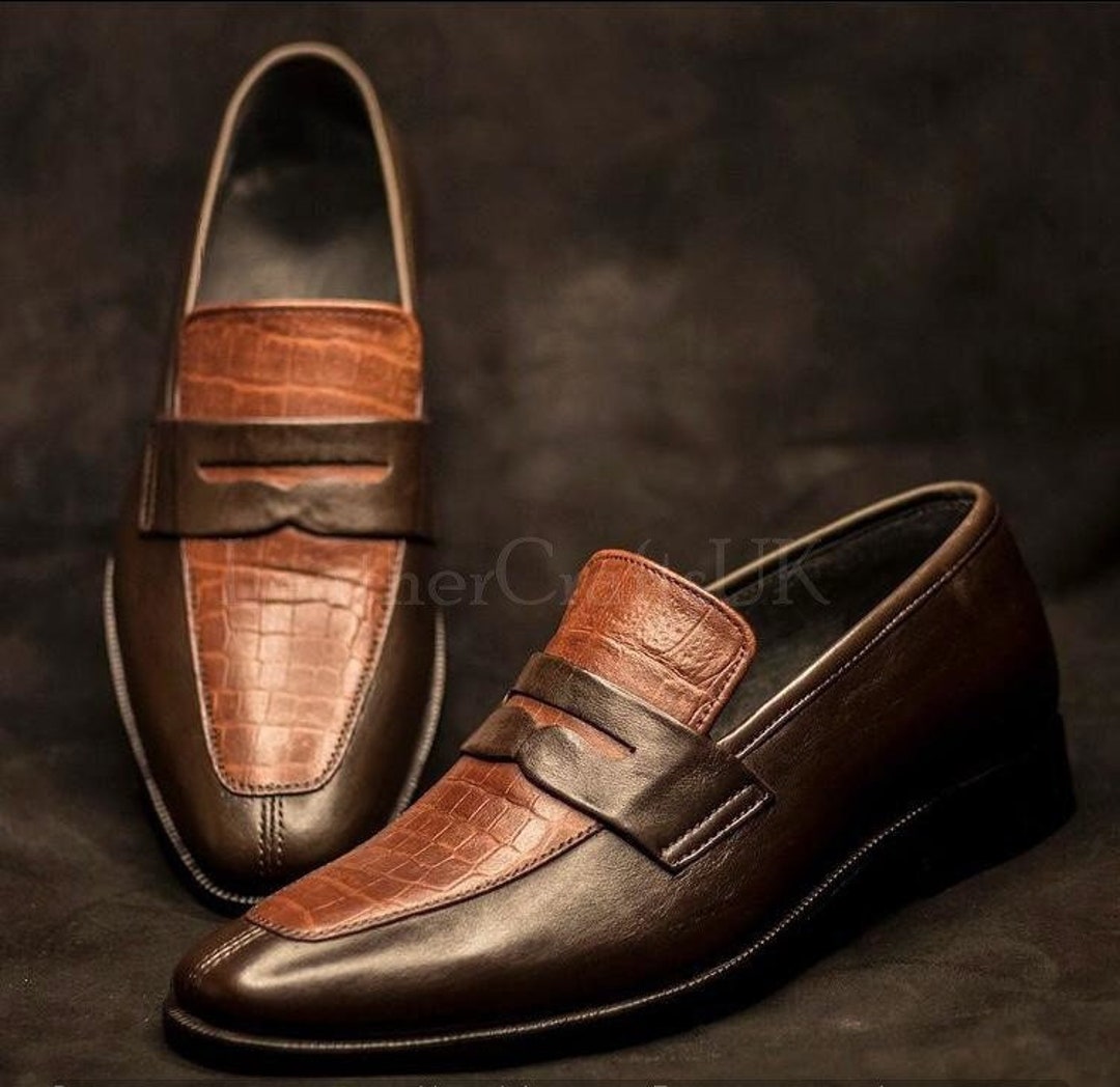 Handmade Men's Two Tone Genuine Brown Leather Penny Loafers Handcrafted  Slip on Real Leather Formal Loafers for Man Men's Leather Loafers - Etsy