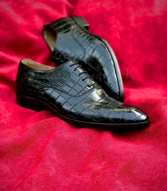 alligator leather dress shoes Handmade Purple Leather Shoes Men Alligator Pattern Slip-On Formal Dress Shoe