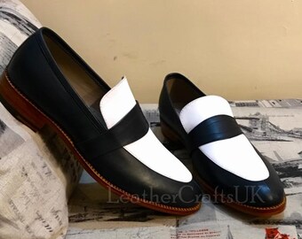 Hecho a mano para hombres de dos tonos genuinos de cuero blanco y negro Penny Mocasines para hombres Slip on formal Vestido de cuero Mocasín Mocasines Zapatos de cuero para hombre