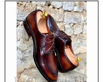 Handmade Men's Two Tone Genuine Brown Patina Leather Dress Shoes Handcrafted Derby Toe New Formal Leather Shoes For Man Men's Leather Shoes
