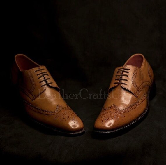 Handmade Men's Genuine Tan Brown Leather Wingtip Oxford Shoes Handcrafted  Lace up Formal Leather Dress Shoes for Man Men's Leather Shoes - Etsy