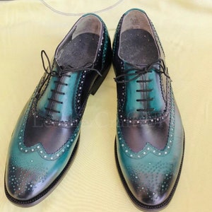 Handmade Men's Two Tone Genuine Turquoise & Black Leather Wingtip Shoes Handcrafted Brogue Real Leather Shoes For Man Men's Leather Shoes