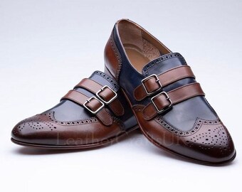 Handmade Men's Genuine Brown & Blue Patina Leather Double Monk Wingtip Loafers Handcrafted Leather Loafers For Man Men's Leather Loafers