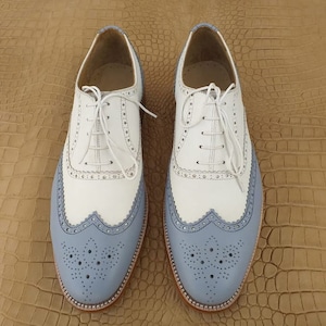 Men's Handmade Genuine Leather Shoes Men's Blue And White Leather Lace Up Shoes Designer Shoes For Man