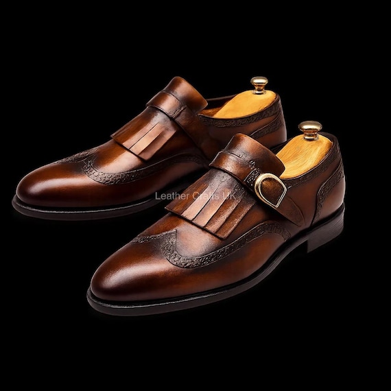 Handmade Brown Patina Leather Monk Shoes – Fringe Wingtip Formal Men's Footwear