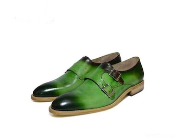 Handmade Men's Genuine Green Patina Leather Double Monk Shoes Handcrafted Buckle Up Formal Real Leather Shoes For Man Men's Leather Shoes