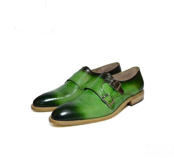 Handmade Men's Genuine Green Patina Leather Double Monk Shoes Handcrafted Buckle Up Formal Real Leather Shoes For Man Men's Leather Shoes