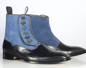 ante azul de hombre hecho a mano con botas de botón de cuero negro botas de botón de ante hechas a mano para hombre botas de botón de tobillo alto de hombre botas de ante para hombres
