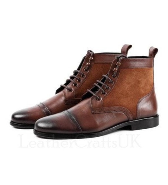 Handmade Men's Genuine Brown Leather With Suede Ankle High Boots Handcrafted Cap Toe Lace Up Casual Leather Boots Men's Boots Leather Boots