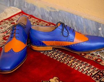 orange and blue dress shoes Handmade Men's Two Tone Genuine Blue & Orange Leather Wingtip Shoes  Handcrafted Lace up Formal Leather Shoes for Man Men's Leather Shoes