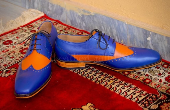 Handmade Men's Two Tone Genuine Blue & Orange Leather Wingtip Shoes  Handcrafted Lace up Formal Leather Shoes for Man Men's Leather Shoes - Etsy