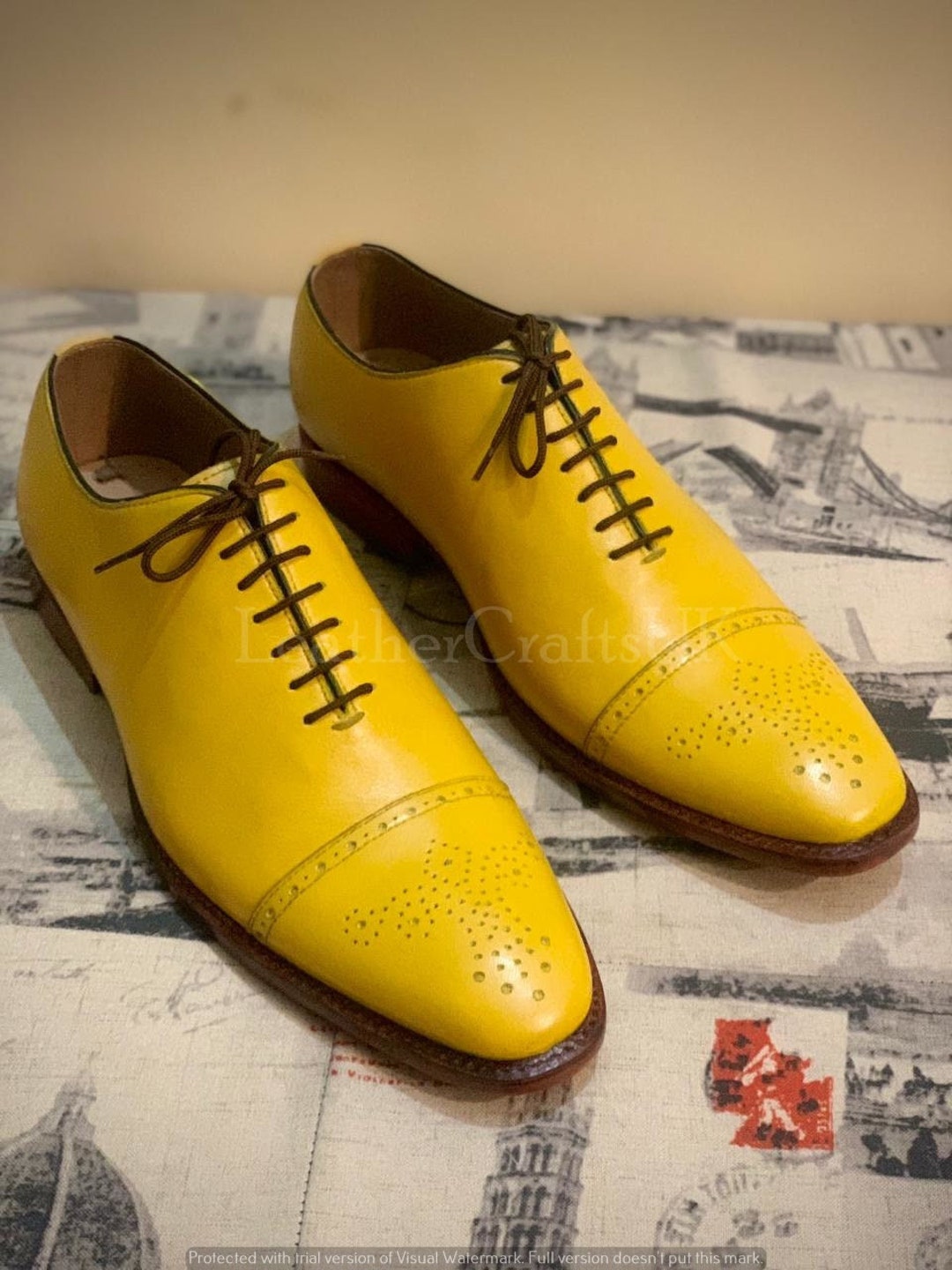 Handmade Men's Genuine Yellow Leather Cap Toe Oxford Shoes Handcrafted