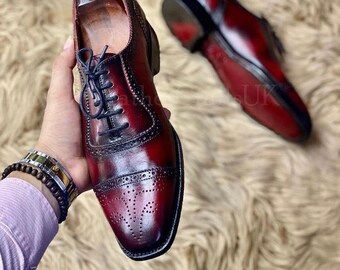 Handmade Men's Genuine Burgundy Patina Leather Oxford Shoes Handcrafted Brogue Cap Toe Formal Real Leather Shoes For Man Men's Leather Shoes