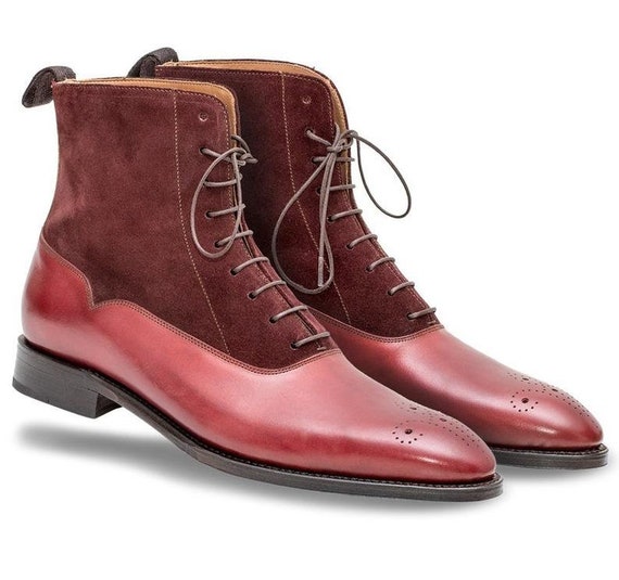 Long Boots Maroon Colour Toe Brogue Upper Suede Leather Lace Up Man Shoes