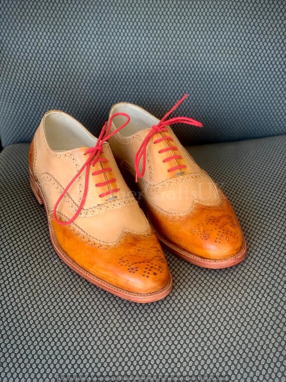 Handmade Men's Genuine Brown & Beige Patina Leather Wingtip Oxford Shoes Handcrafted Brogue Lace Up Formal Leather Shoes Men's Shoes