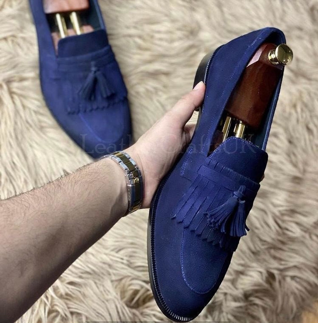 Elegant Handmade Men's Blue Suede Tassel Dress Loafer Shoes, Men Forma –  theleathersouq