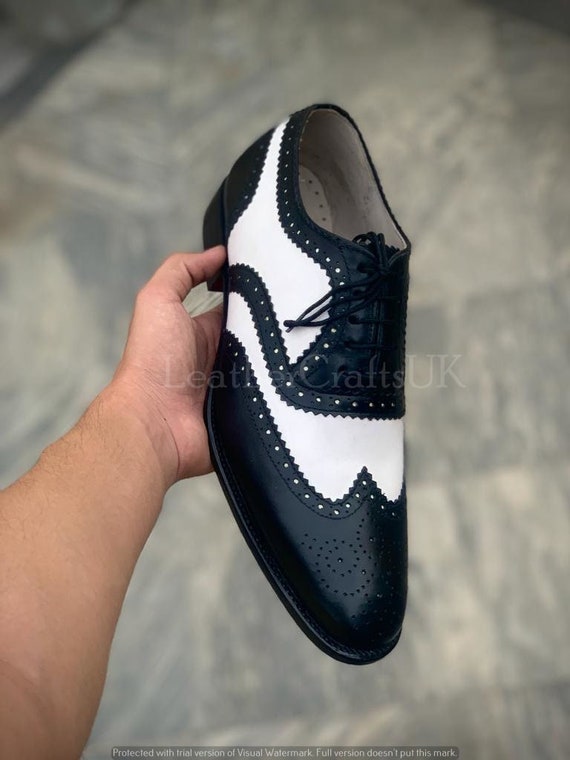 Handmade Men s Genuine Black White Leather Wingtip Oxford Shoes Handcrafted Brogue Lace up Formal Leather Shoes Men s Shoes Man Shoes Etsy Canada