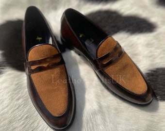 Mocasines de cuero genuino y gamuza Slip On Penny, zapatos mocasines de cuero de gamuza hechos a mano para hombres, slip ons de cuero formal, zapatos de vestir de cuero para hombres