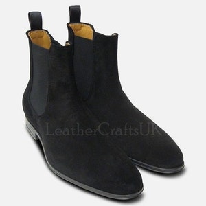 Handmade Men&#39;s Genuine Black Suede Chelsea Boots Handcrafted Slip On Ankle High Real Leather Boots Men&#39;s Boots Leather Boots Suede Boots
