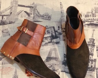 Handgemachte Herren Echt Braun Leder & Wildleder Jodhpur Stiefel Handgefertigt Fußkettchen High Schnalle Bis Formal Echtleder Stiefel Herrenstiefel