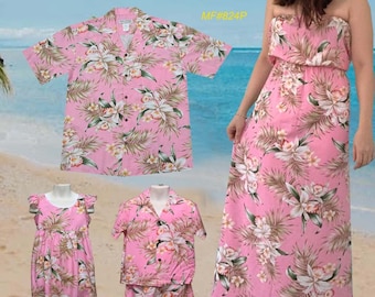 Tenues familiales assorties 100% rayonne faite à la main à Hawaii -USA | Chemise et robe d’été de couple assorties Pupukea Hibiscus