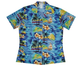 Damen Baumwolle Hawaiihemd - Hawaiian Sunset Aloha Bluse | 100% Baumwolle Shirt Made in Hawaii | Tropisches Urlaubsresort Kreuzfahrtabnutzung