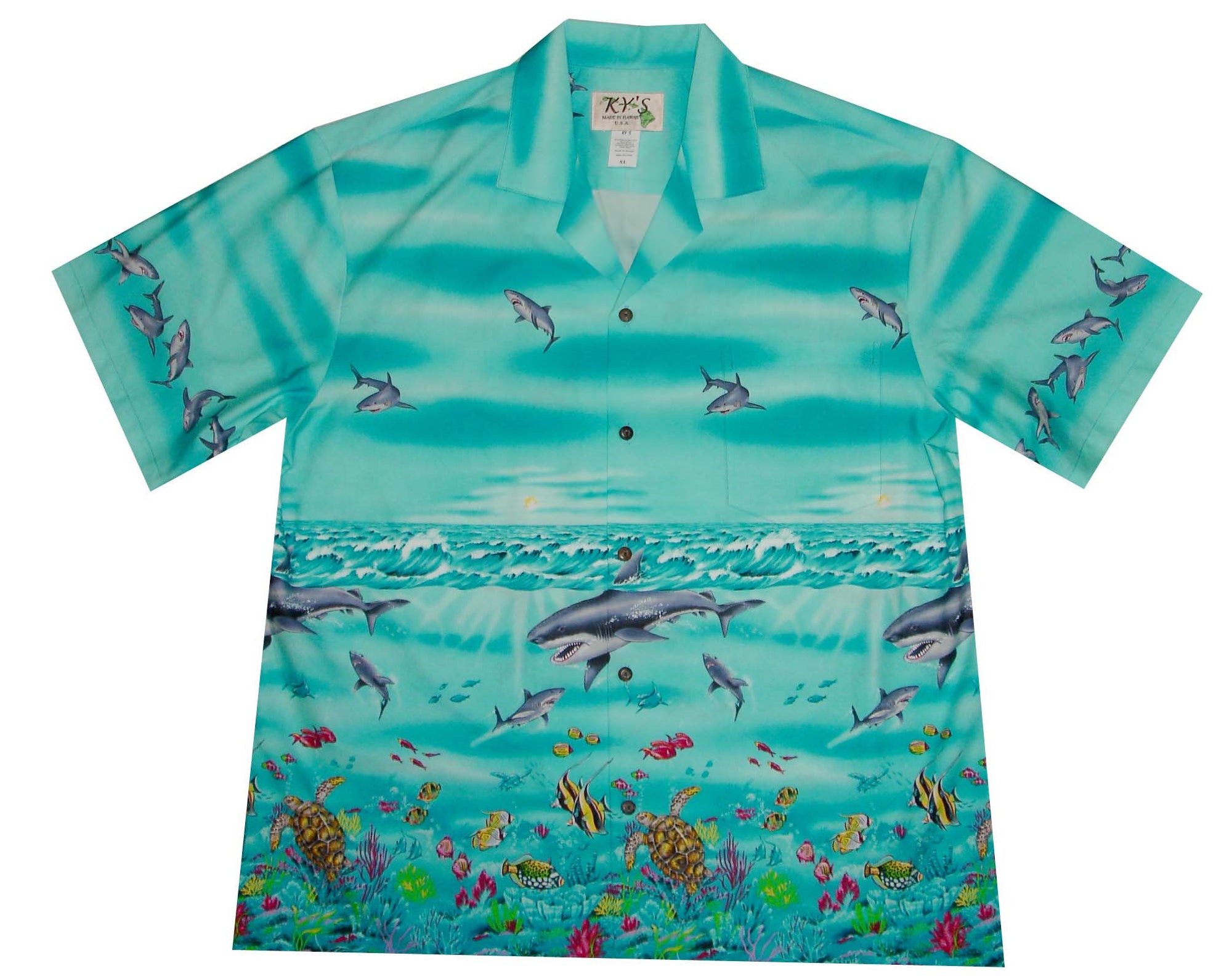 Discover Made in Hawaii, U.S.A - Shark On Sea Life Cotton Hawaiian Shirt