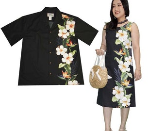 White Hibiscus Hawaiian Shirt & Dress Set – Matching Couples Clothes – Cotton Made in Hawaii – Perfect for Vacations/Honeymoons, Photoshoots
