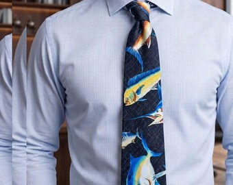 Marlin Fish Tie, Handmade Hawaiian Print Necktie, Cotton Poplin Men's Dress Ties, Tropical Beach Wedding Groomsmen Gift, Made in Hawaii USA