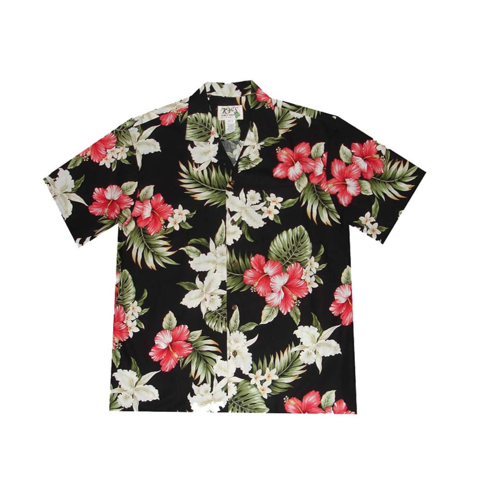 Dark blue Hawaiian shirt with a red, green and white floral design